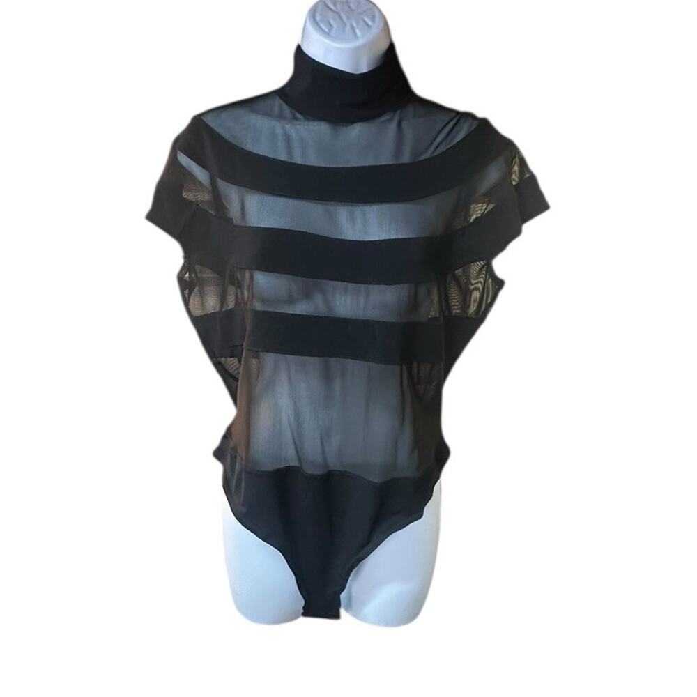 Gantos Sheer Mesh Mock Neck Bodysuit Black Short Sleeve Stretch Y2K Goth Large